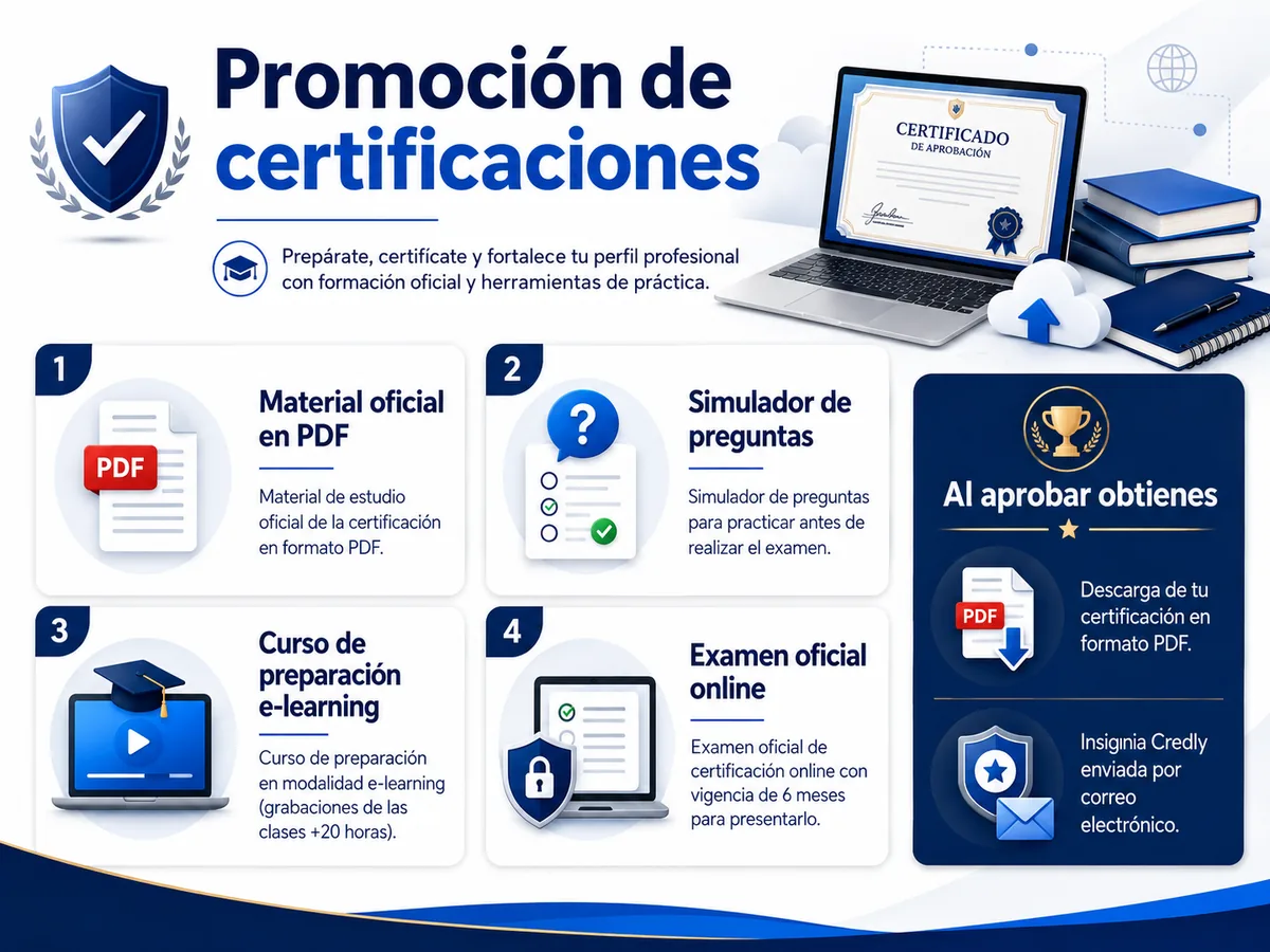 Promoción de certificaciones con material oficial, simulador, curso e-learning, examen online y credencial