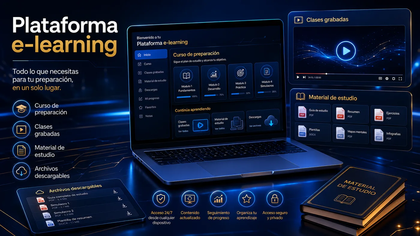 Plataforma e-learning con clases grabadas, materiales y seguimiento de progreso